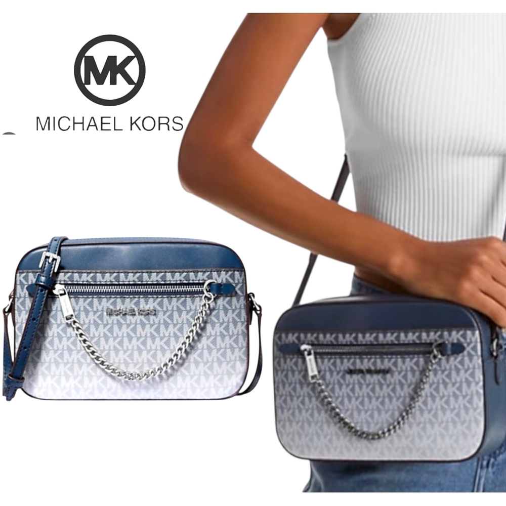 New Michael Kors Navy and Grey Jet Set  Logo Crossbody With Gift Box